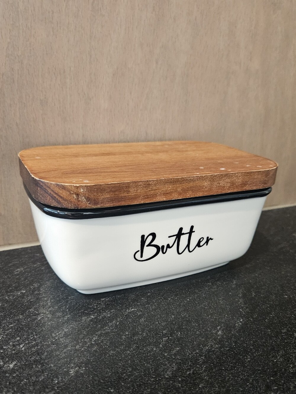 White Ceramic Butter Dish with Wooden Lid
